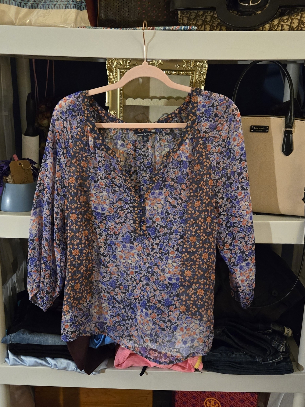 American Eagle Outfitters Floral Blouse in Blue and Brown